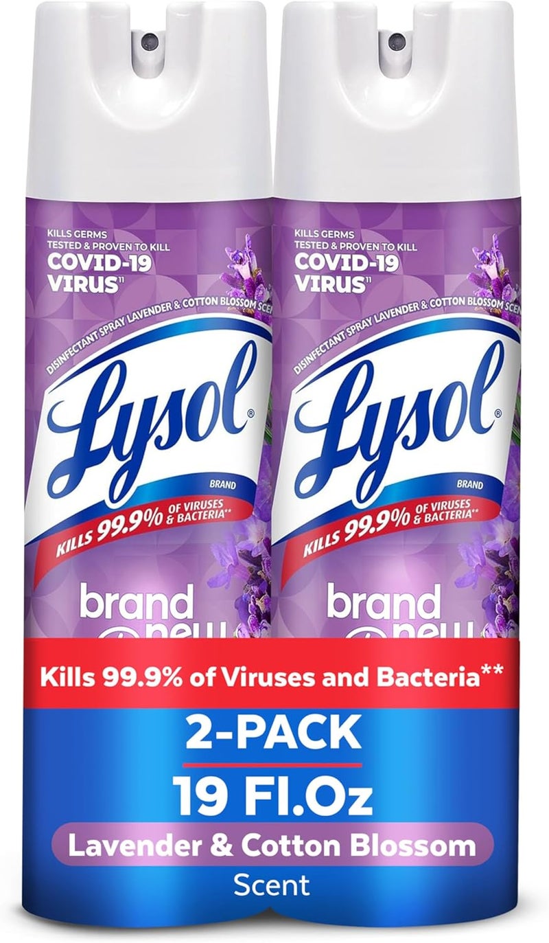 Lysol رذاذ مطهر، رذاذ معقم ومضاد للبكتيريا، للتعقيم وإزالة الروائح، برائحة اللافندر وزهرة القطن، 19 أونصة (عبوة من 2) - Image 1